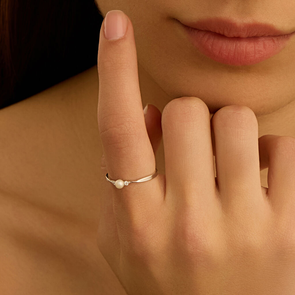 Anello Solitario Gabrielle Oro Bianco Perla D'Acqua Dolce Cubic Zirconia - Anelli con Pietre Donna | Stroili