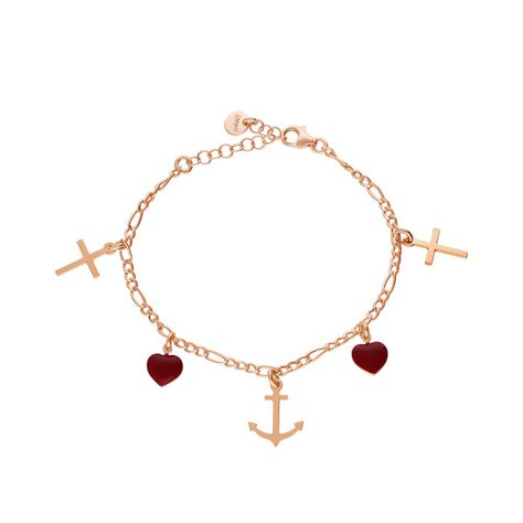 Bracciale in argento rosato con cuore rosso e croce pendenti - Bracciali Donna | Stroili