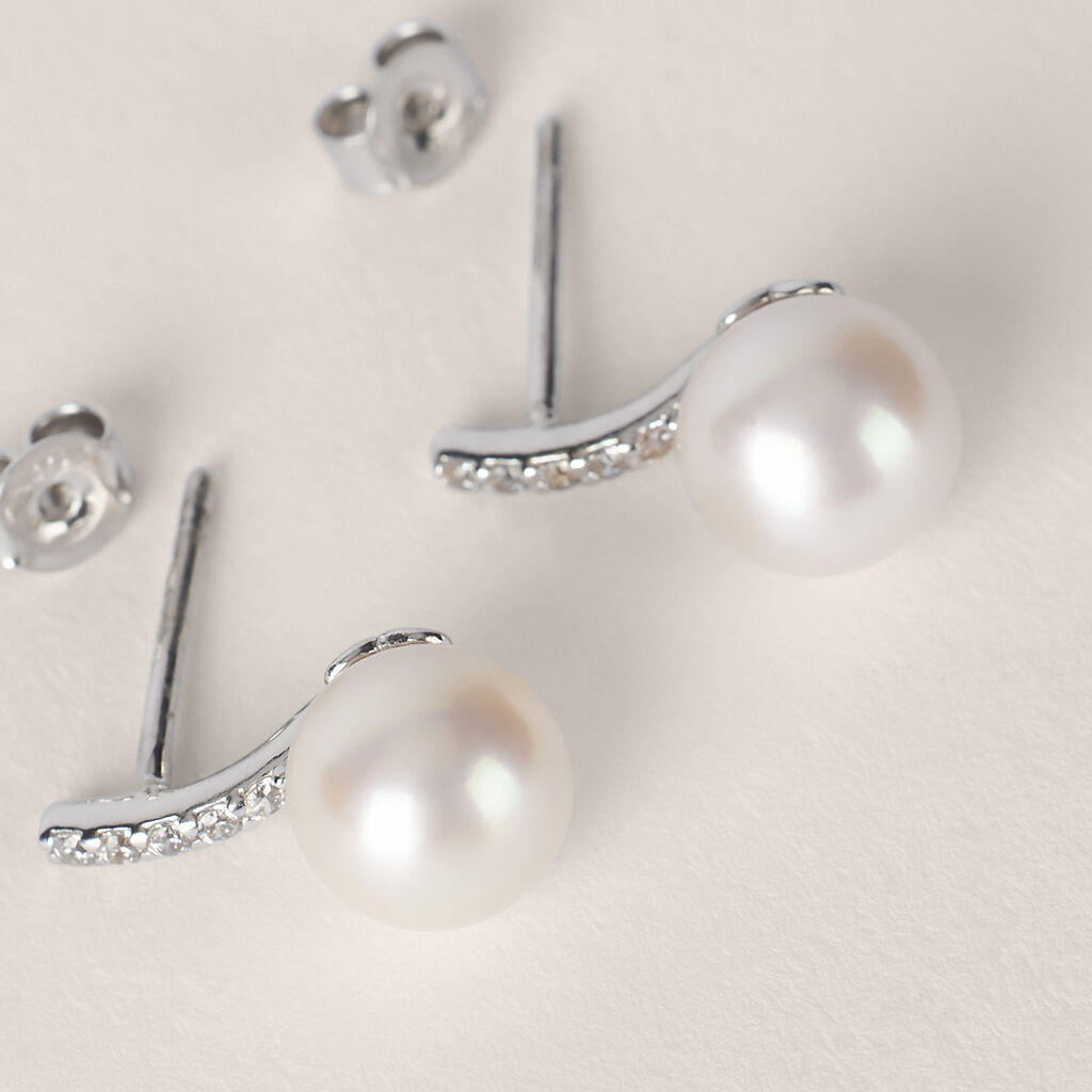 Orecchini Lobo Gabrielle Oro Bianco Perla D'Acqua Dolce Cubic Zirconia