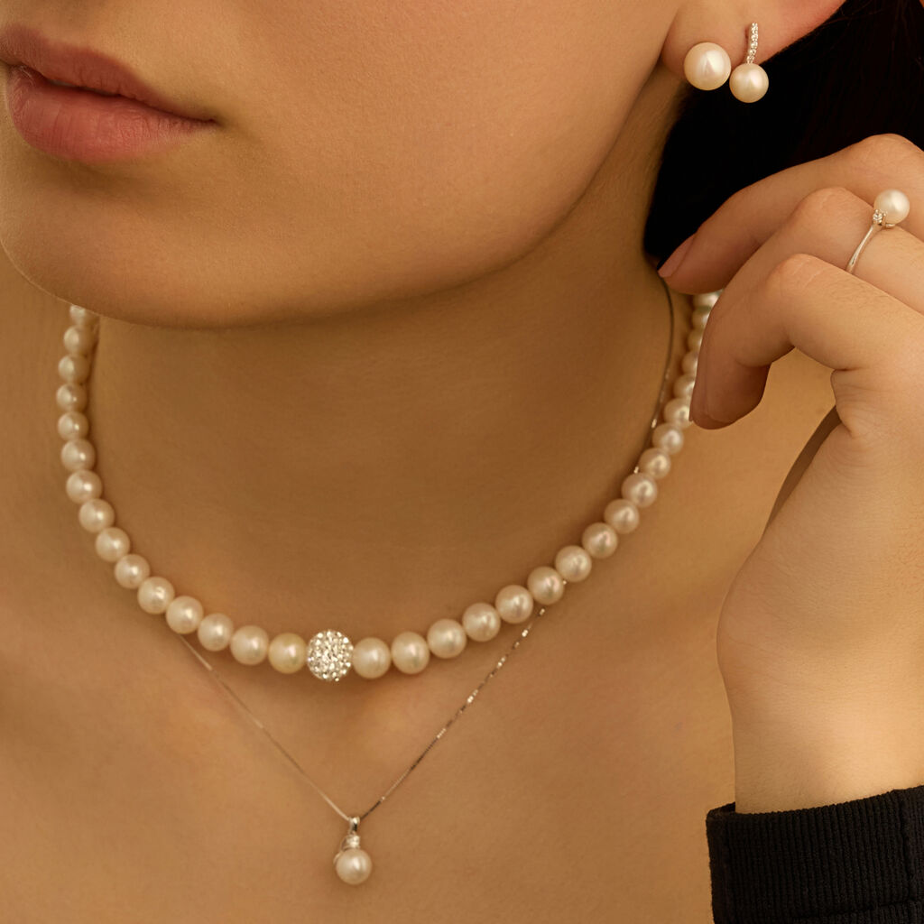 Collana Gabrielle Oro Bianco Perla D'Acqua Dolce Cristallo