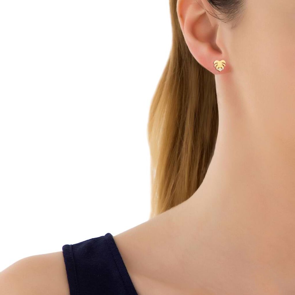 Orecchini a lobo a foglia in acciaio gold e strass