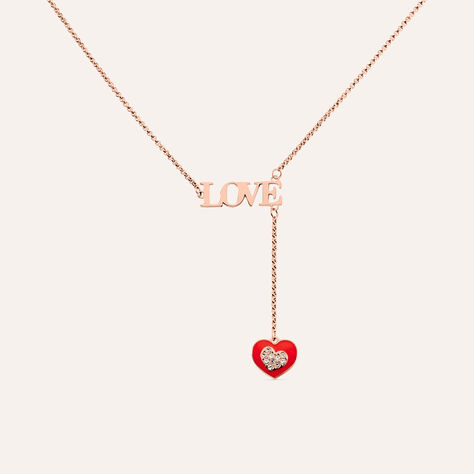 Collana in acciaio rosato con scritta Love e pendente charm cuore con strass - Collane Donna | Stroili
