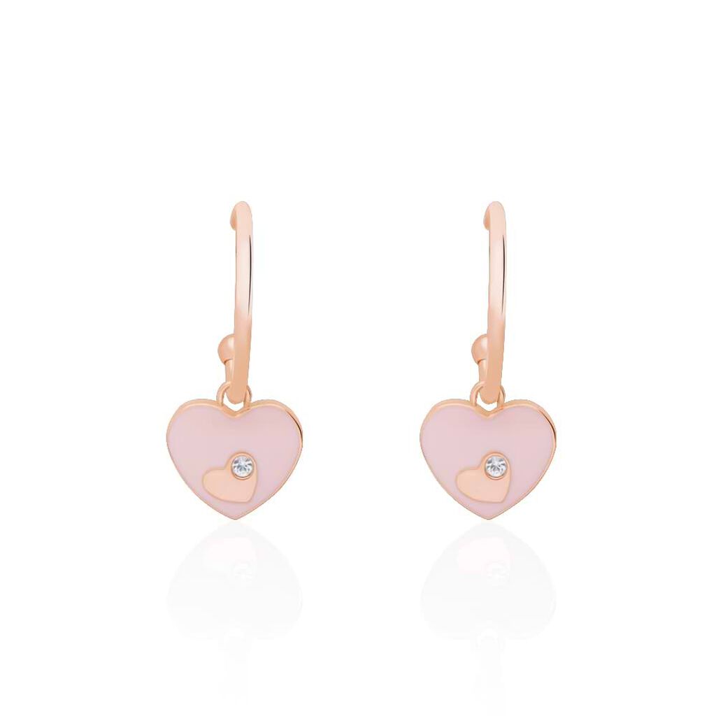 Orecchini a cerchio in acciaio rosato e strass con pendente a forma di cuore