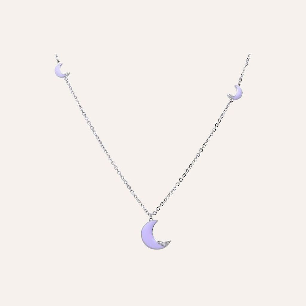 Girocollo lungo con simboli luna lilla in acciaio e strass