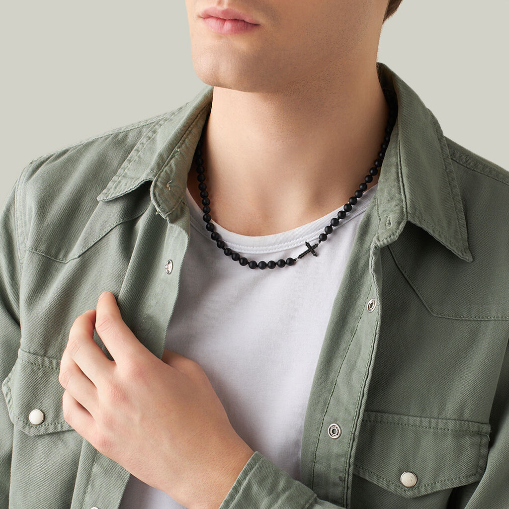 Collana Man Code Metallo Nero Cubic Zirconia Agata Nera