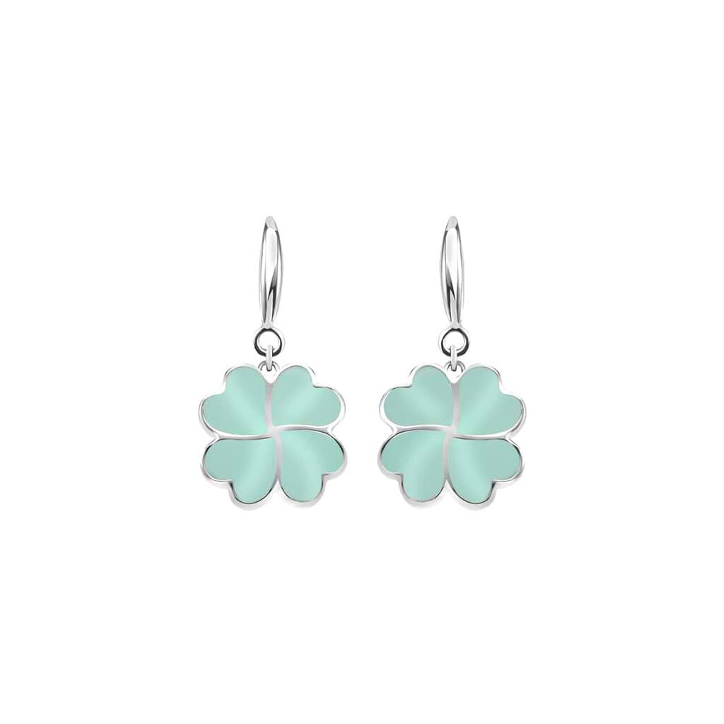 Orecchini monachella in acciaio e quadrifoglio smalto verde acqua