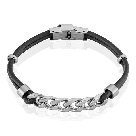 Bracciale in acciaio e pelle nera - Bracciali Uomo | Stroili