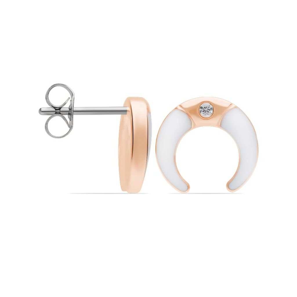 Orecchini lunula a lobo in acciaio rosato e strass