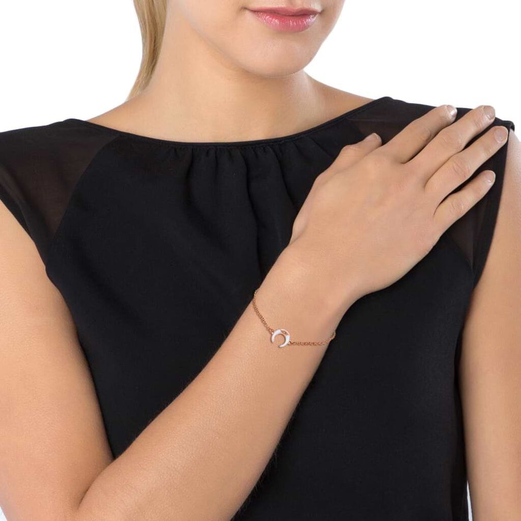 Bracciale lunula in acciaio rosato e strass