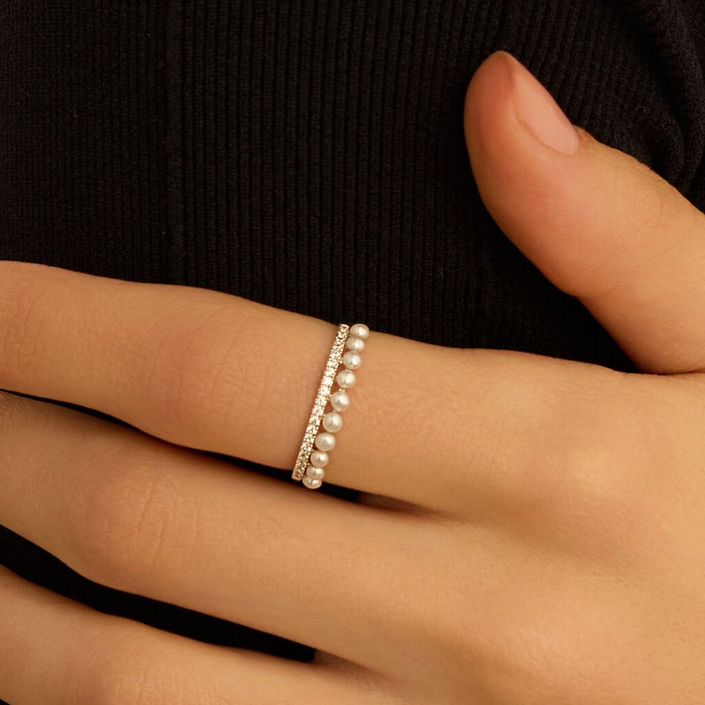 Anello Riviere Gabrielle Oro Bianco Perla D'Acqua Dolce Cubic Zirconia - Anelli Riviere Donna | Stroili