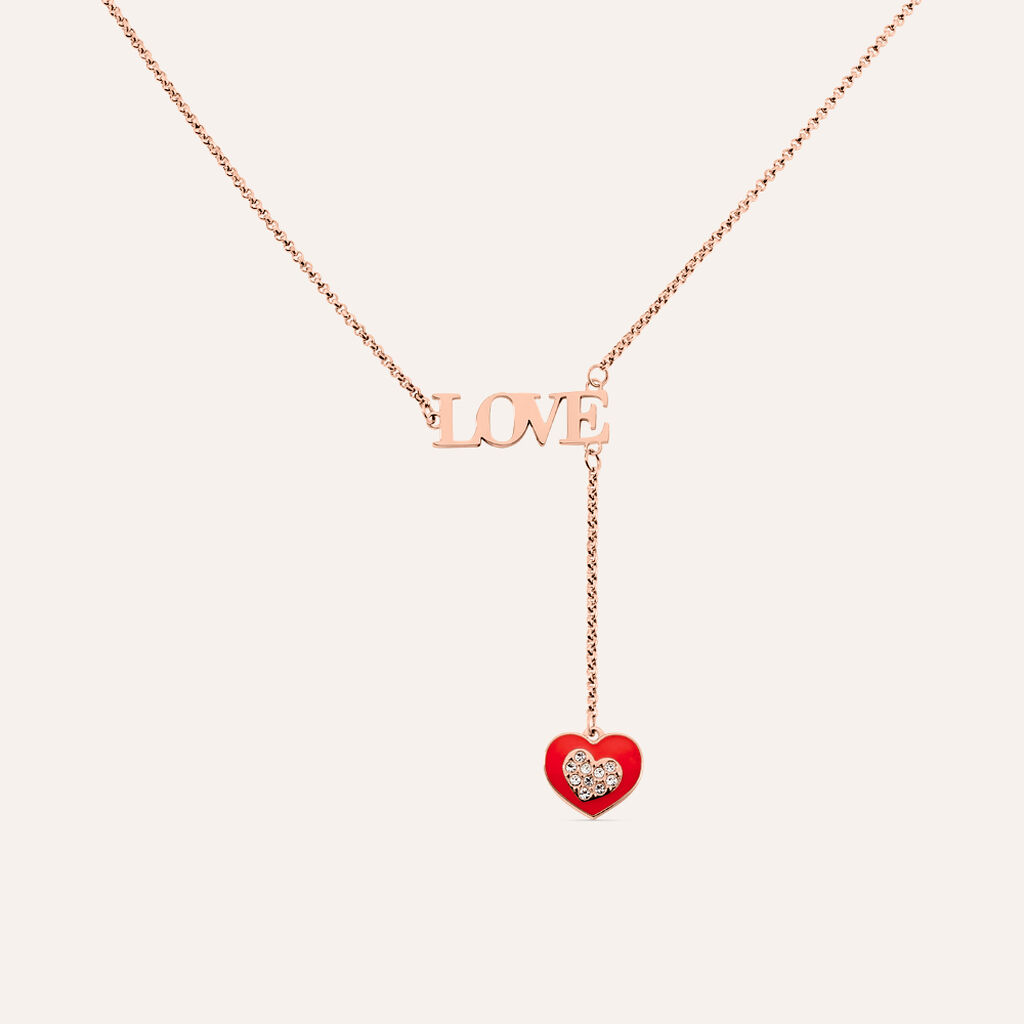 Collana in acciaio rosato con scritta Love e pendente charm cuore con strass