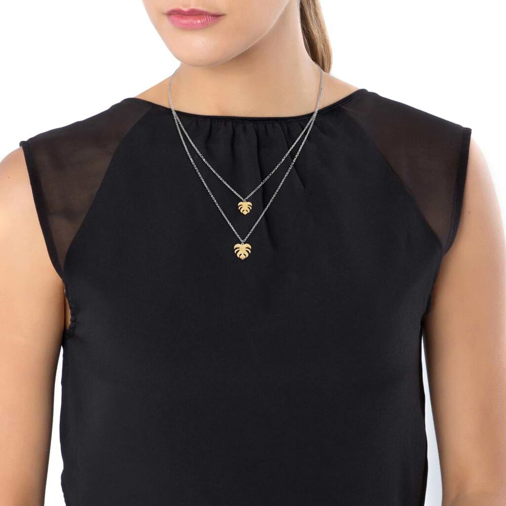 Girocollo doppio giro con ciondoli foglia in acciaio bicolore e strassBracciale in acciaio bicolore a maglie con targhetta scura con strass - Collane Donna | Stroili