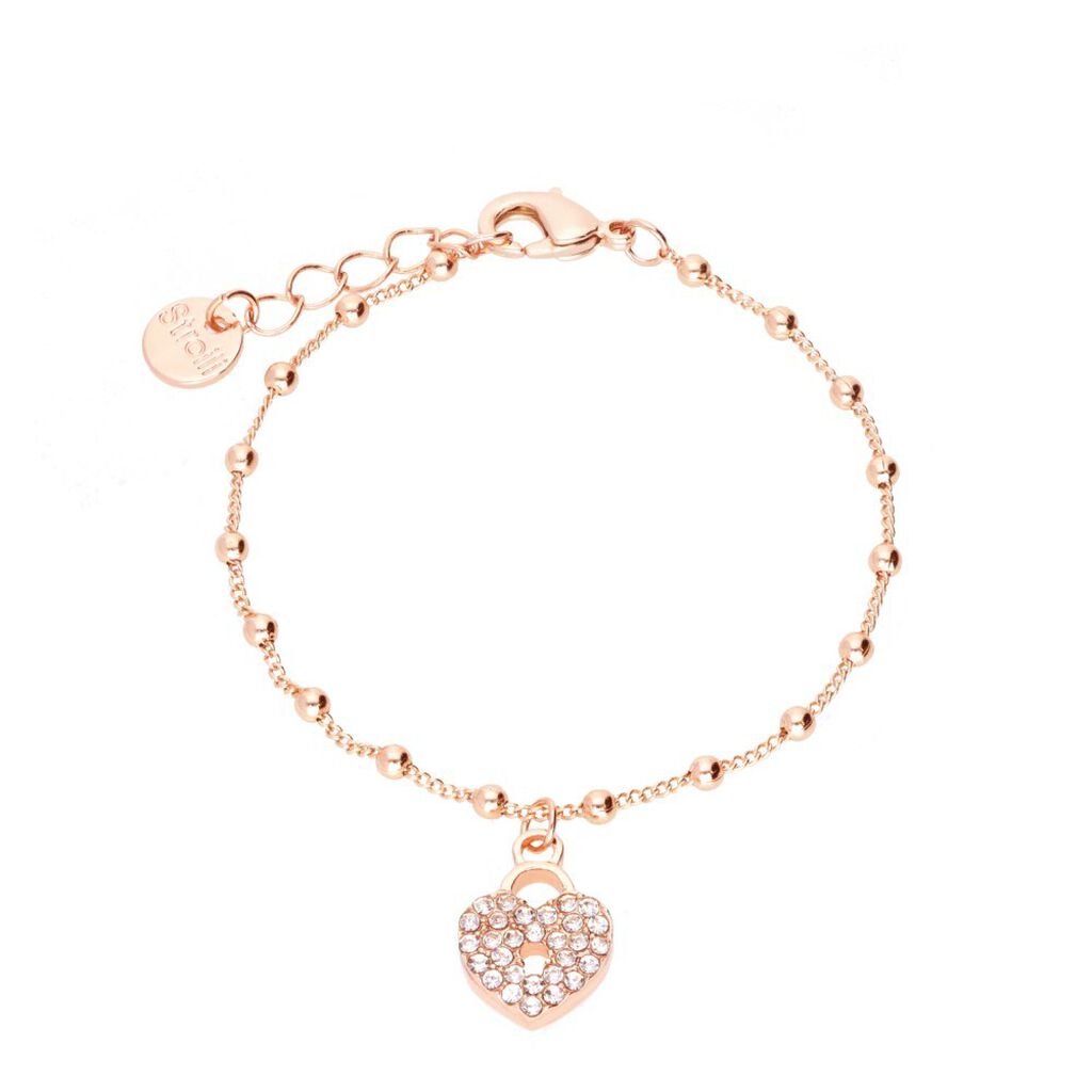 Bracciale in ottone rosato con lucchetto a cuore e strass