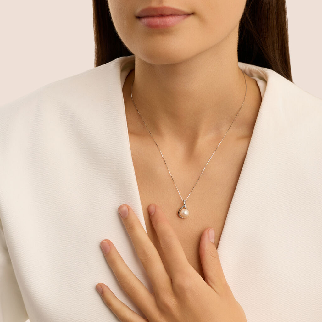 Collana Gabrielle Oro Bianco Perla D'Acqua Dolce Cubic Zirconia