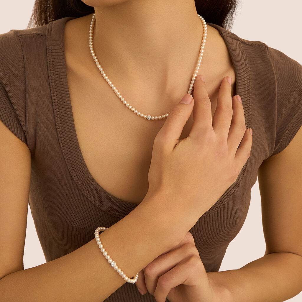 Collana Gabrielle Oro Bianco Perla D'Acqua Dolce Cristallo