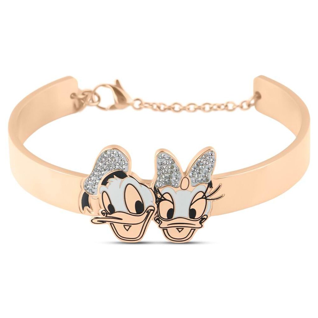 Bracciale rigido in acciaio rosato con Paperino e Paperina e strass