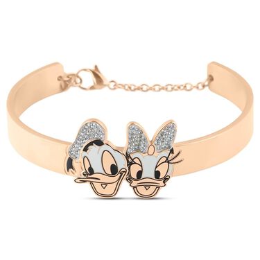 Bracciale rigido in acciaio rosato con Paperino e Paperina e strass