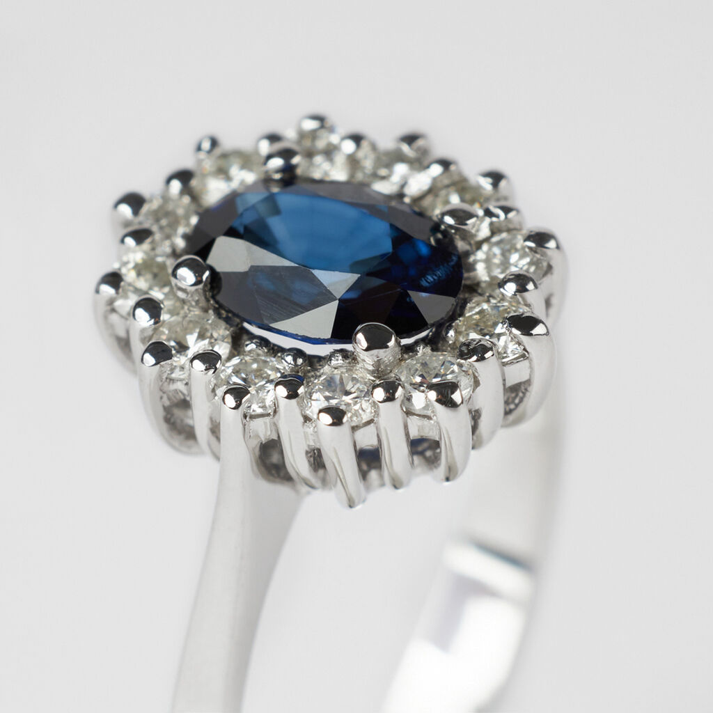 Anello Tre Pietre Oro Bianco Zaffiro Ceylon Diamanti Carati