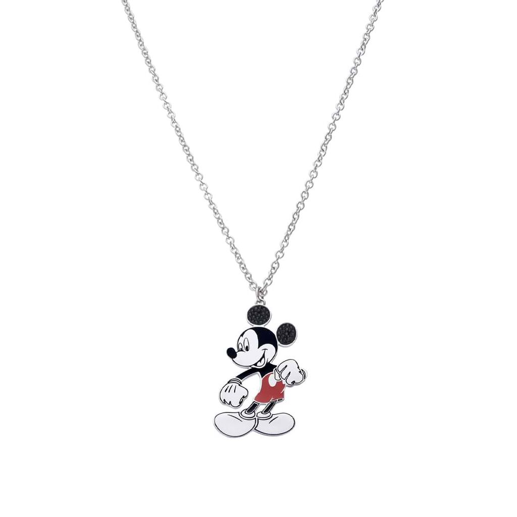 Collana lunga in acciaio con ciondolo Topolino e strass neri