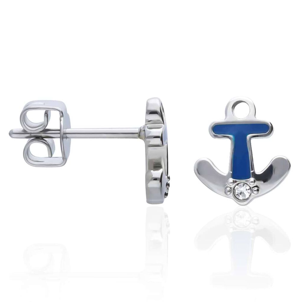 Orecchini a lobo con ancora blu in acciaio e strass