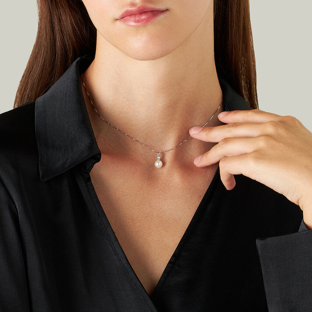 Collana Gabrielle Oro Bianco Perla D'Acqua Dolce Cubic Zirconia ...