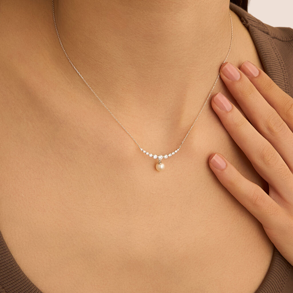 Collana Gabrielle Oro Bianco Perla D'Acqua Dolce Cubic Zirconia