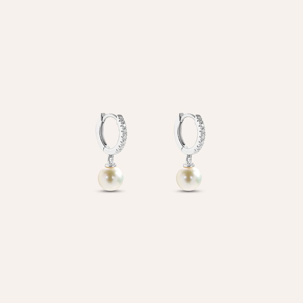 Orecchini A Cerchio Gabrielle Oro Bianco Perla D'Acqua Dolce Cubic Zirconia - Orecchini a Cerchio Donna | Stroili