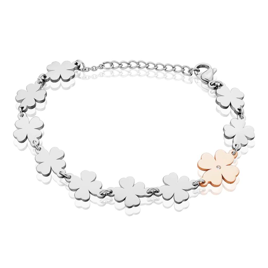 Bracciale in acciaio bicolore e strass con charm Quadrifoglio