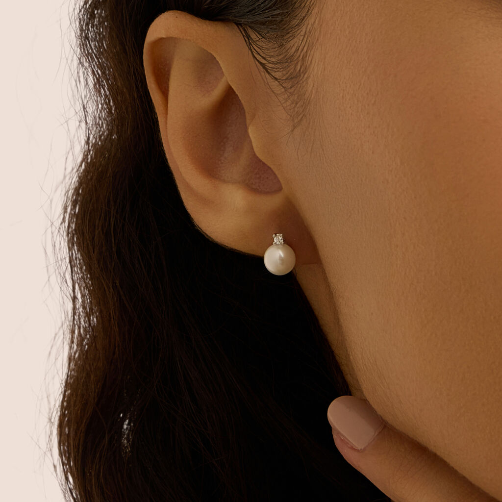 Orecchini Lobo Gabrielle Oro Bianco Perla D'Acqua Dolce Cubic Zirconia