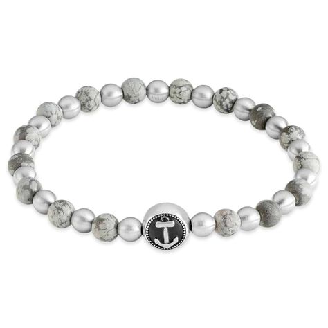 Bracciale elastico con pietre grigie e blu rotonde e dettaglio ancora in acciaio - Bracciali Uomo | Stroili