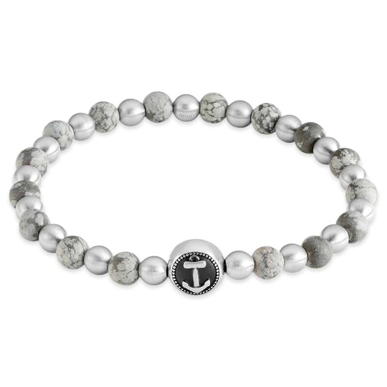 Bracciale elastico con pietre grigie e blu rotonde e dettaglio ancora in acciaio - Bracciali Uomo | Stroili