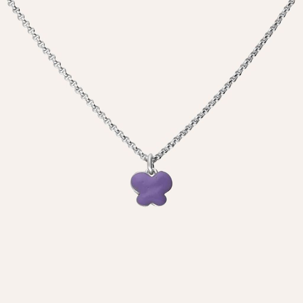 Collana in argento rodiato e smalto viola con simbolo farfalla