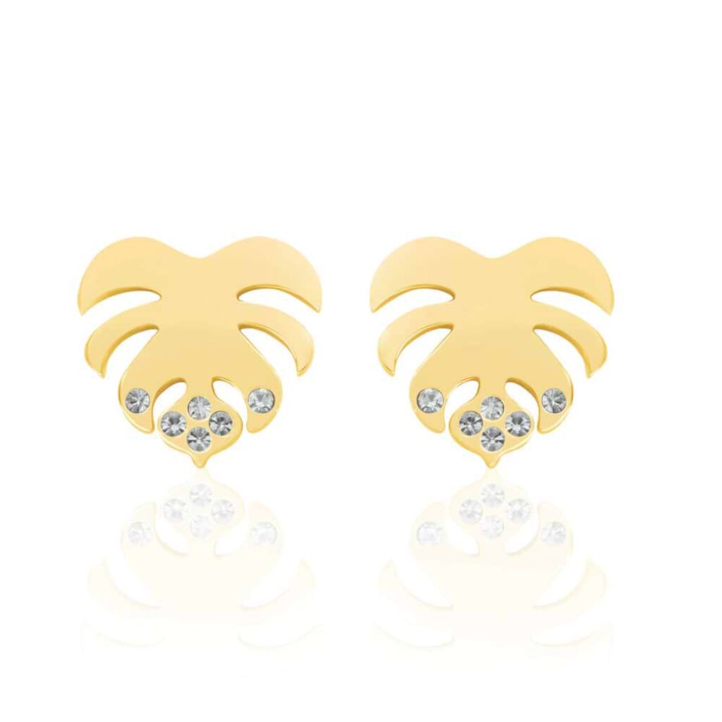 Orecchini a lobo a foglia in acciaio gold e strass