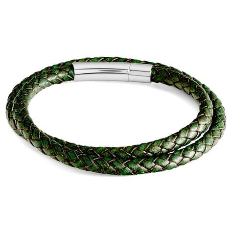 Bracciale in acciaio e pelle verde - Bracciali Uomo | Stroili