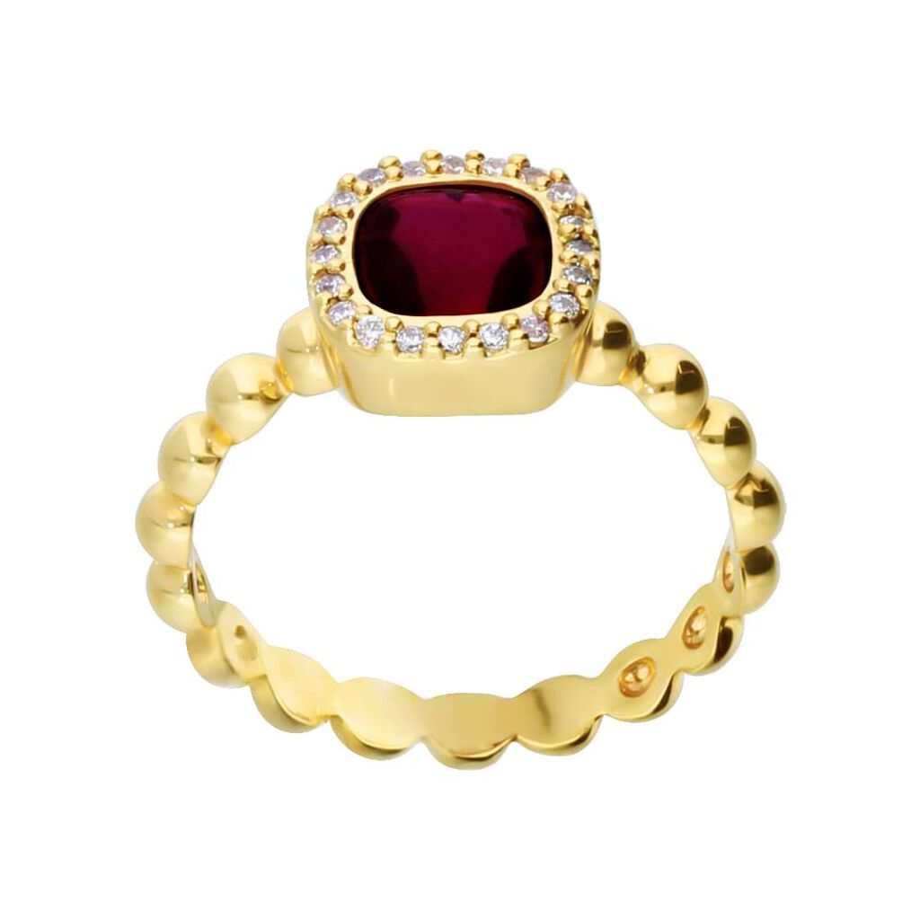 Anello placcato oro con pietra rossa e zirconi