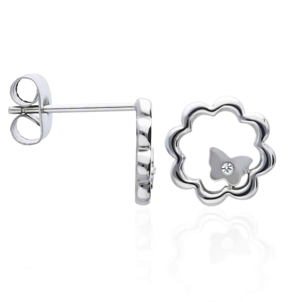 Orecchini a lobo fiore con strass in acciaio silver - Orecchini a Lobo Donna | Stroili