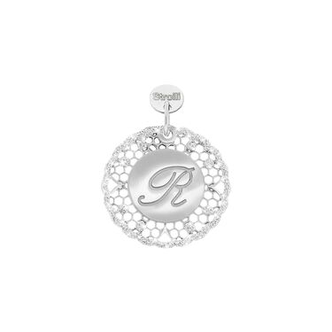 Lettera R. Charm in argento 925 rodiato e glitter