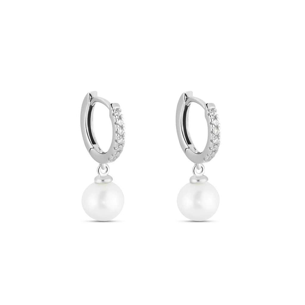 Orecchini A Cerchio Gabrielle Oro Bianco Perla D'Acqua Dolce Cubic Zirconia - Orecchini a Cerchio Donna | Stroili