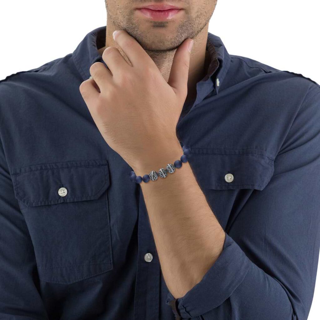 Bracciale elastico con pietre rotonde blu e acciaio