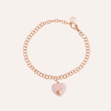 Bracciale con catena in acciaio rosato e strass e charm a forma di cuore