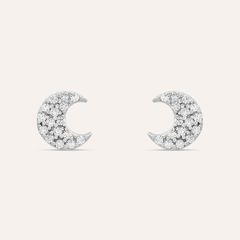 Orecchini Donna A Bottone Argento 925 Con Zirconie - Luna E Stella - Placcati Oro Bianco