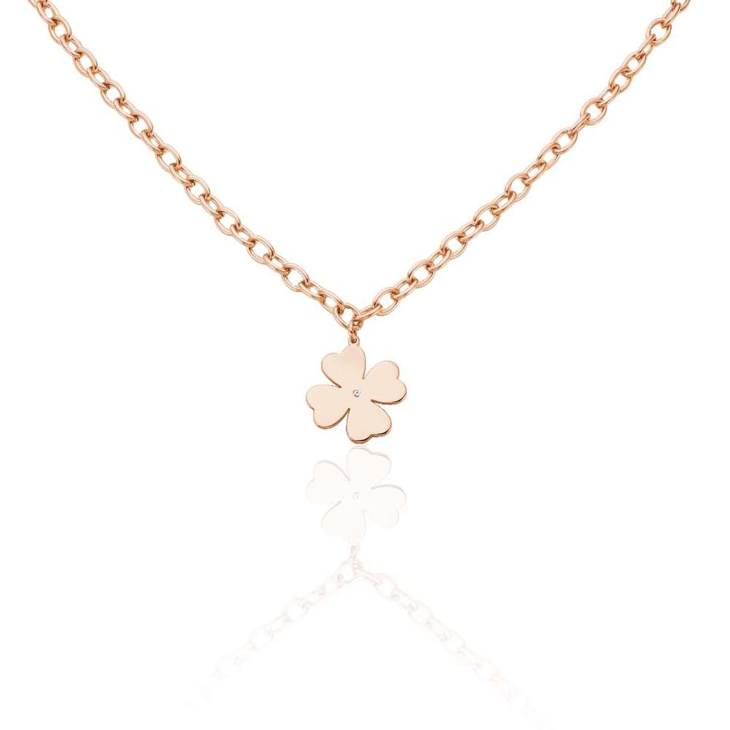 Collana in acciaio rosato e strass con pendente Quadrifoglio