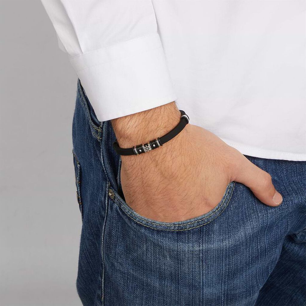 Bracciale in caucciu con dettaglio timone in acciaio bicolore - Bracciali Uomo | Stroili