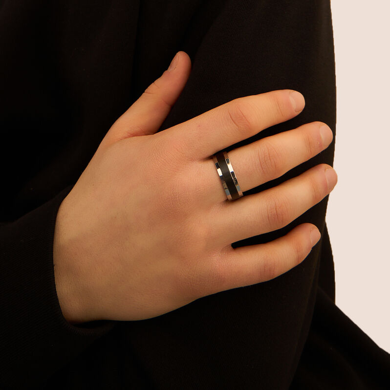 Anello Fascia Man Code Acciaio Bicolore Bianco / Nero - Anelli con Incisione Uomo | Stroili