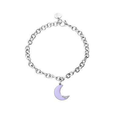 Bracciale con pendente luna lilla in acciaio e strass