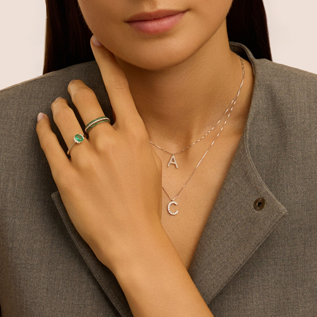 Anello Fascia Elizabeth Crown Oro Bianco Smeraldo Diamante