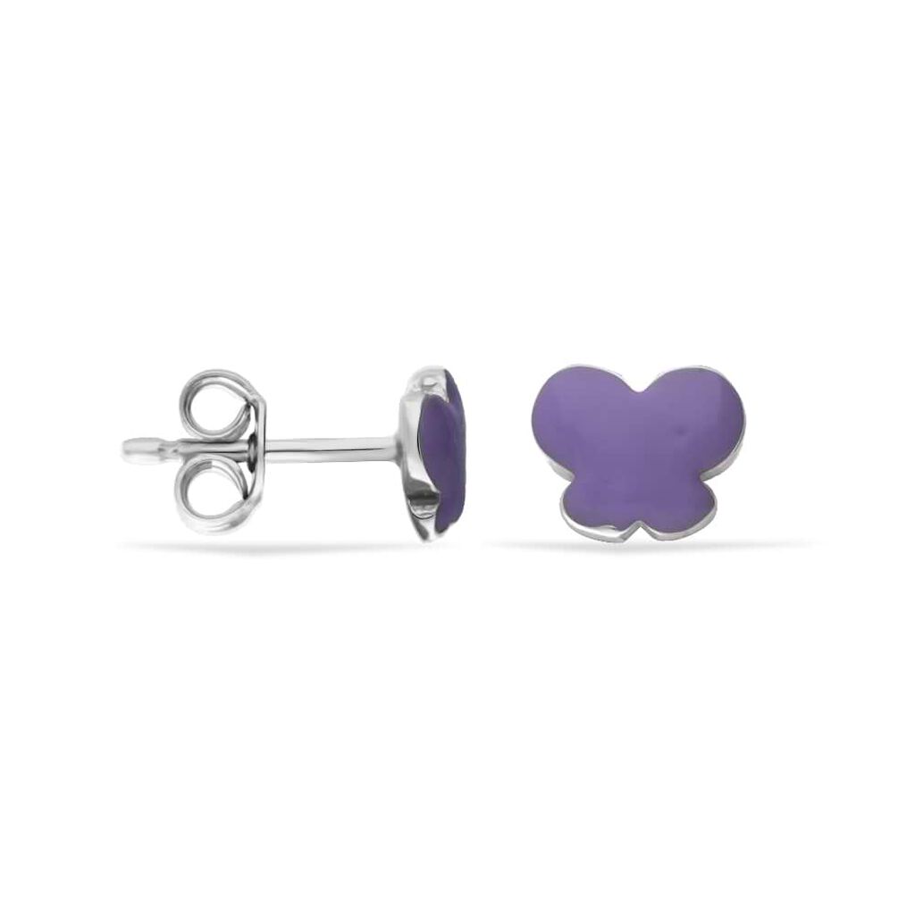 Orecchini a lobo in argento rodiato e smalto viola con simbolo farfalla - Orecchini a Lobo Bambino | Stroili