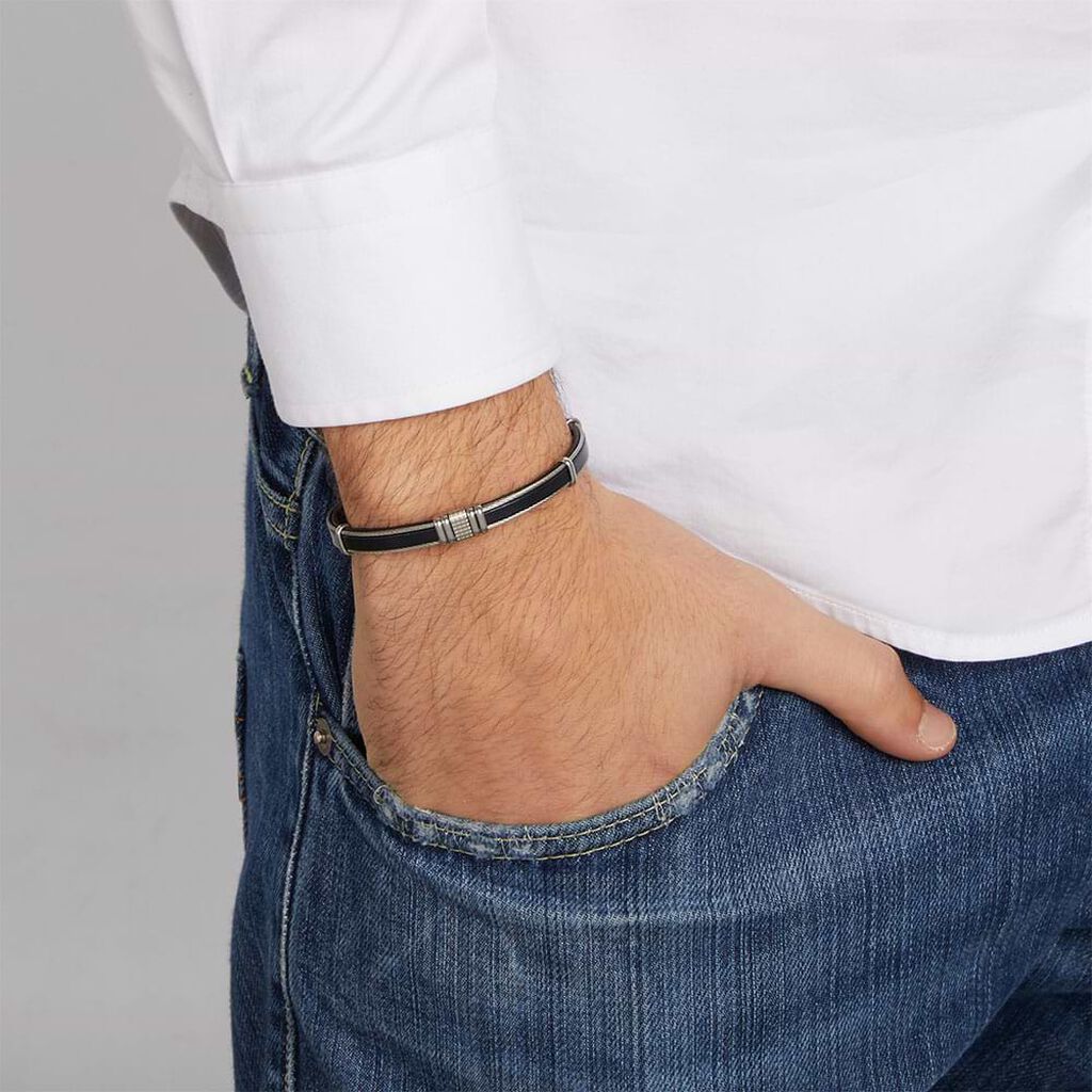 Bracciale in acciaio e pelle blu - Bracciali Uomo | Stroili