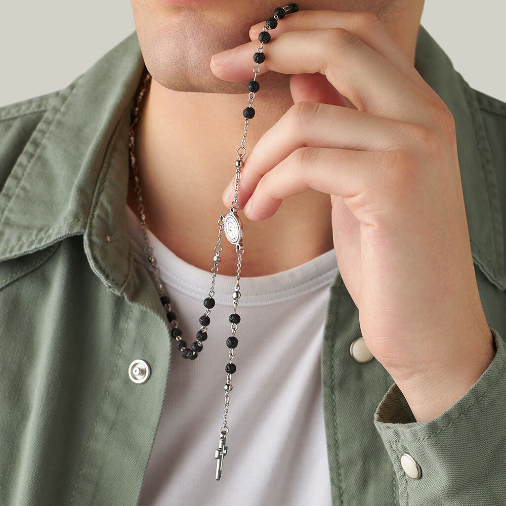 Collana Rosario Man Code Acciaio Pietra lavica