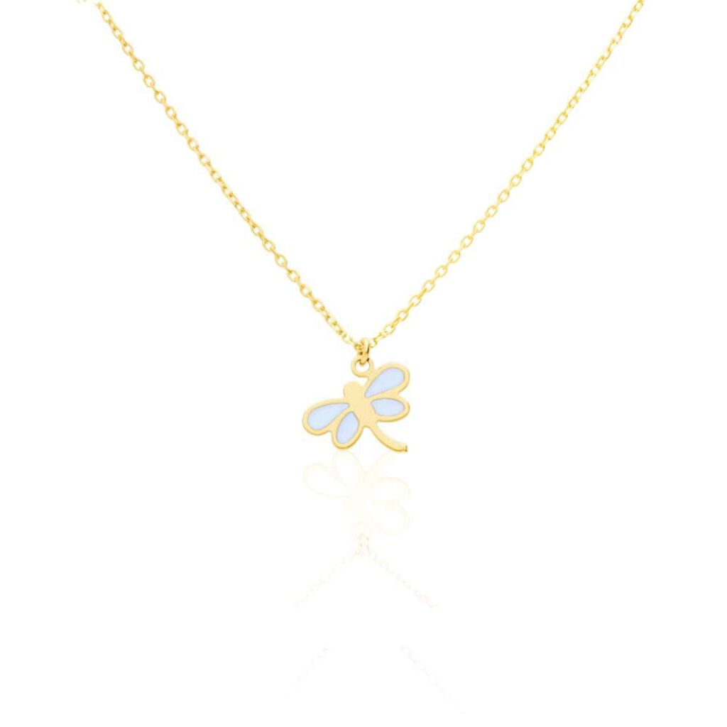 Girocollo con charm libellula in oro giallo e smalto bianco